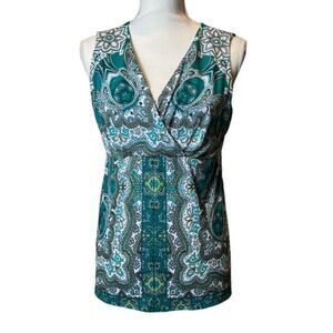 Peck & Peck Women's Sleeveless Top Emerald Green Paisley Medallion Print Medium